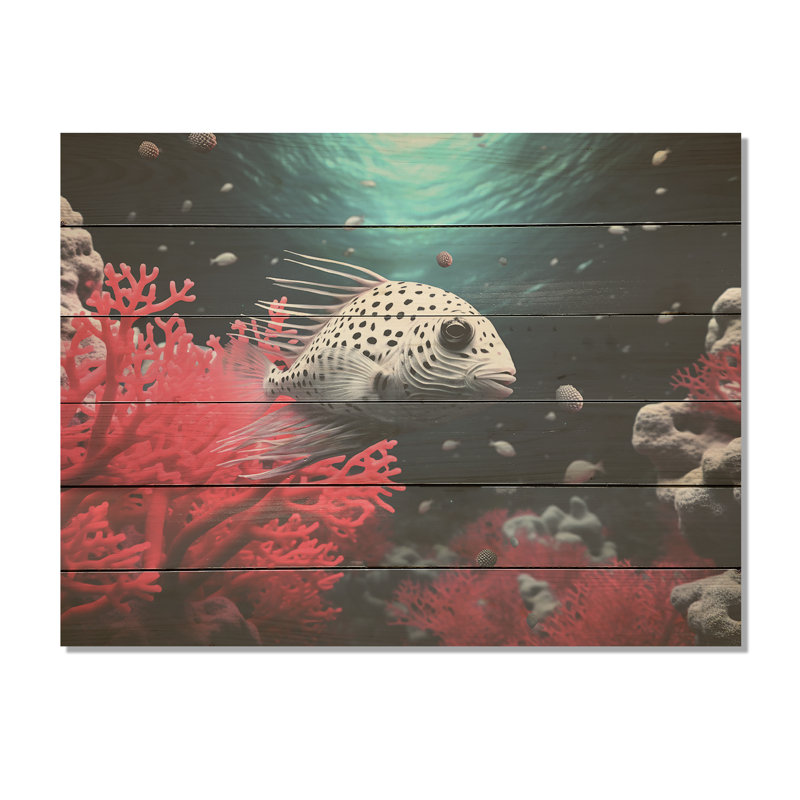 «The Graceful Pufferfish - Coastal Coral Under Water Wood», art mural sur bois de pin naturel, H 30 po x l 40 po