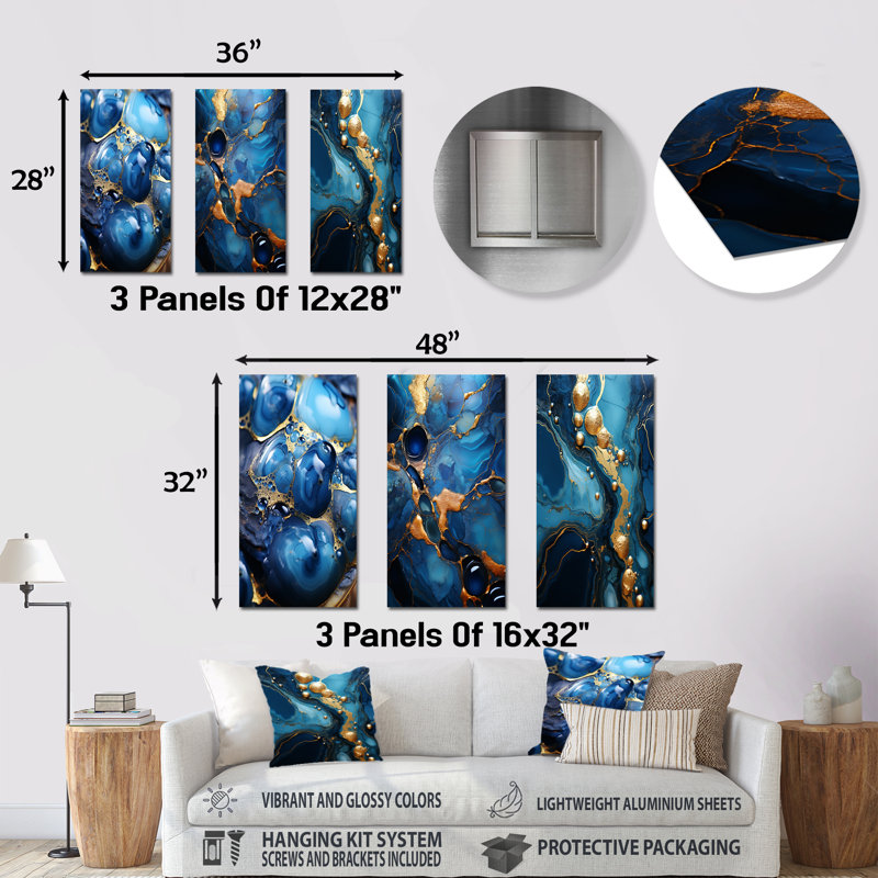 Or et saphir bleu mosaïque de marbre I - ensemble de 3 reproductions d'art abstrait en métal, H 32 po x l 48 po