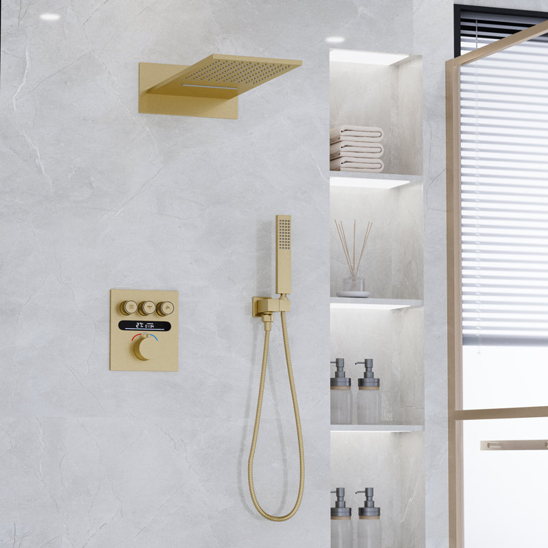 Système de douche thermostatique numérique brossé or avec pomme de douche à pluie murale, douchette à main et garniture de valve en laiton cUPC