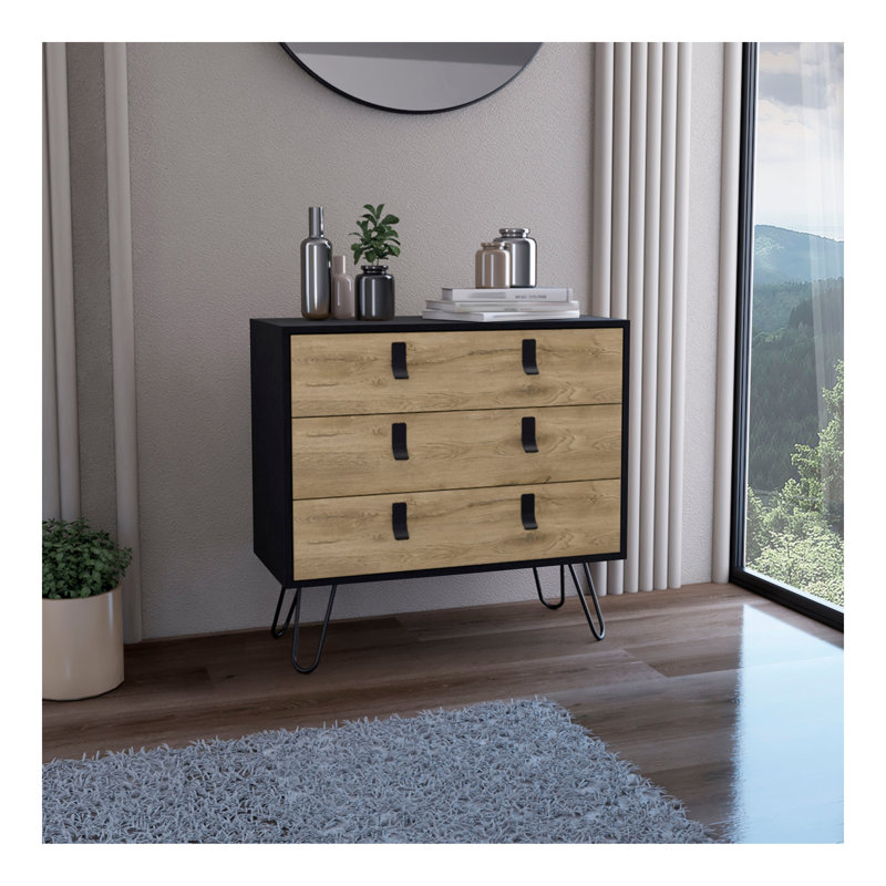 Commode H 29 po, commode à 3 tiroirs, commode moderne avec pieds en épingle à cheveux et accents métalliques, noir / macadamia