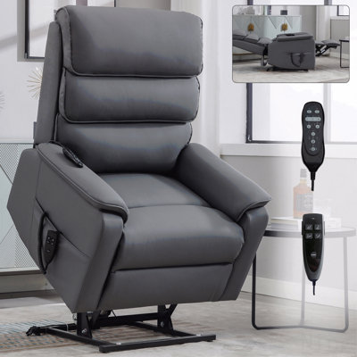 Fauteuil inclinable à deux moteurs en cuir gris résistant aux chats - à distance, chauffant, massant, robuste