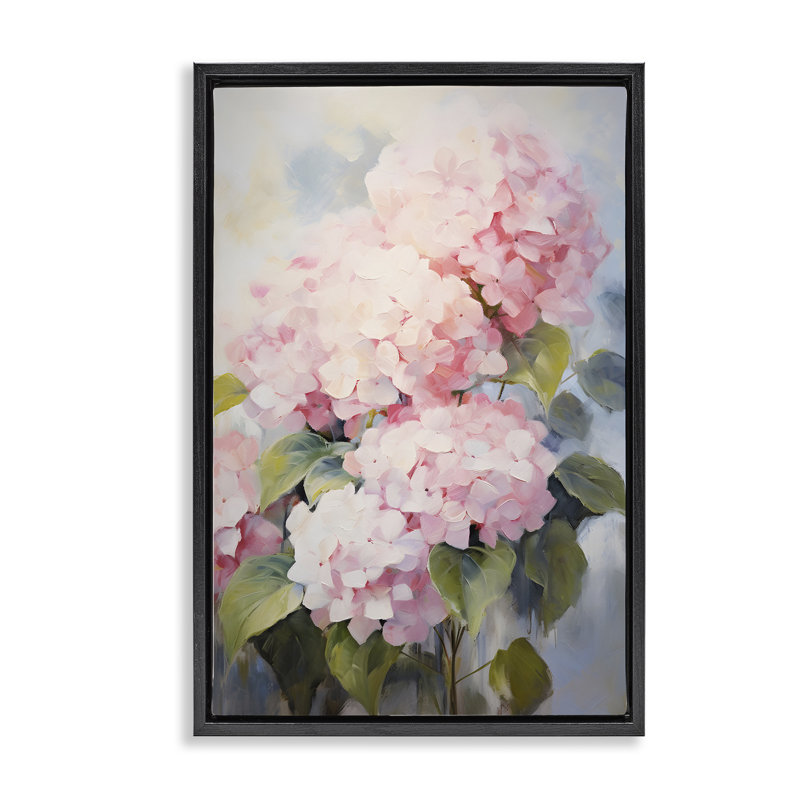 Toile flottante encadrée d'hortensia rose pâle par Petals Prints Design, Cadre flottant noir de jais, H 25 po x l 17 po