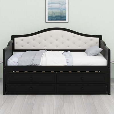 Wooden Daybed with Trundle and 2 Storage Drawers, Upholstered Button Tufted Sofa Bed