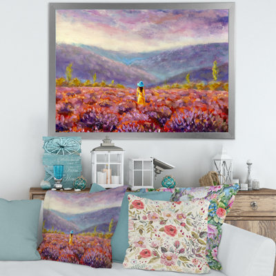 Femme en robe jaune et chapeau marchant dans les champs - Peinture sur toile