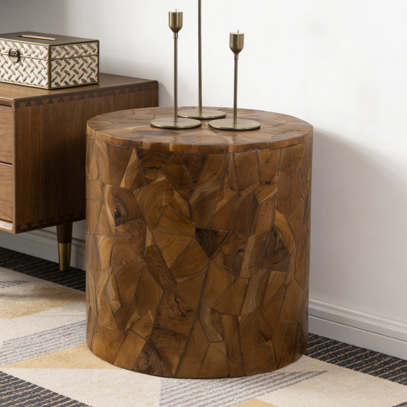 Solid Wood Patchwork Round Drum Style Coffee Table