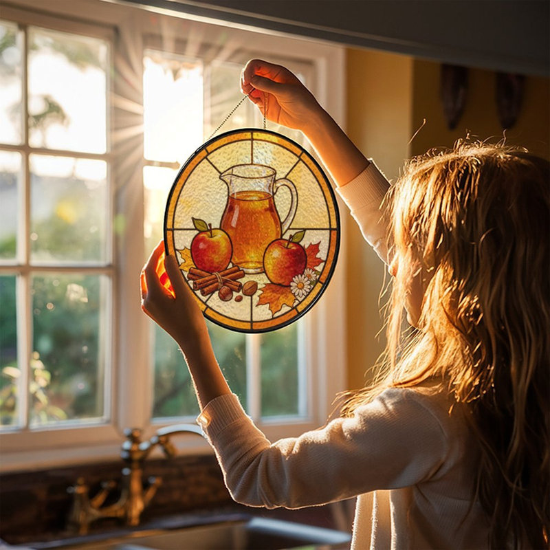 Pichet en vitrail avec pommes et panneaux de vitrail d'automne Suncatcher pour décor de fenêtre, 7.8x7.8in(20x20cm)