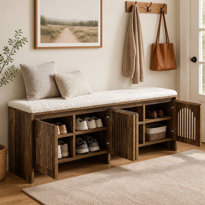 Banc de rangement pour chaussures 55 po, banc d'entrée à 2 niveaux avec tablettes de rangement