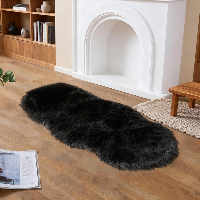 Soft Fluffy Black Faux Sheepskin Area Rug, Novelty 2' x 4'