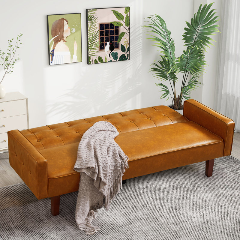 Whitherspoon Futon Sofa Bed, Memory Foam Futon Couch, PU Convertible Space-Saving Sleeper Sofa for Living Room, Brown
