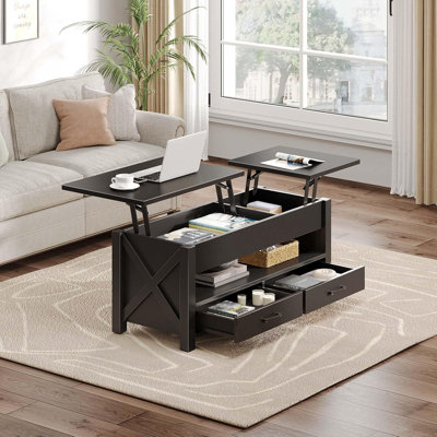 Table basse à plateau relevable avec tiroirs de rangement et compartiment caché, table de centre de ferme à double fonction avec hauteur réglable pour le salon