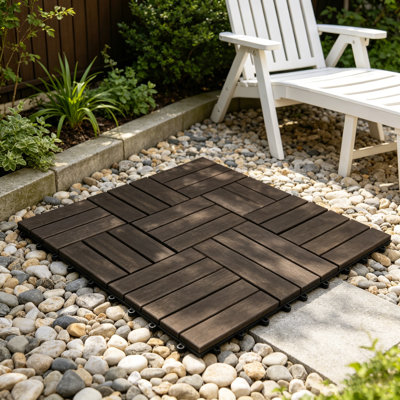 Acacia Wood Interlocking Deck Tiles Checker Pattern, 10PCS 12" X 12" Square Dark Brown Acacia Hardwood Outdoor Flooring For Patio, Bancony, Pool Side,...