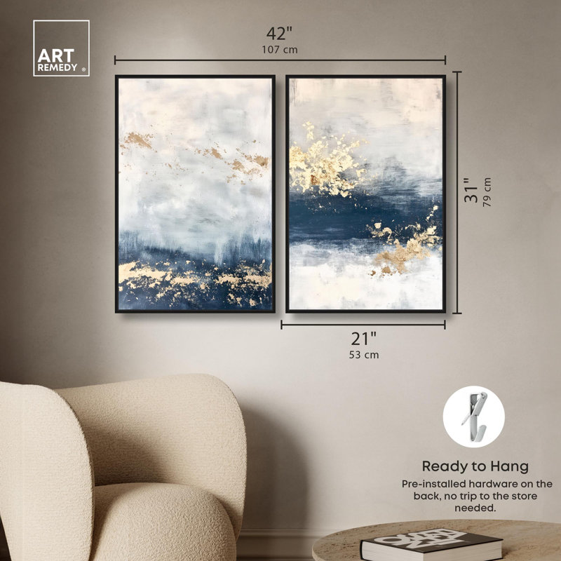 «Gilded Coastal Calm Blue Art», ensemble de 2 impressions sur toile par , H 31 po x l 21 po, Noir