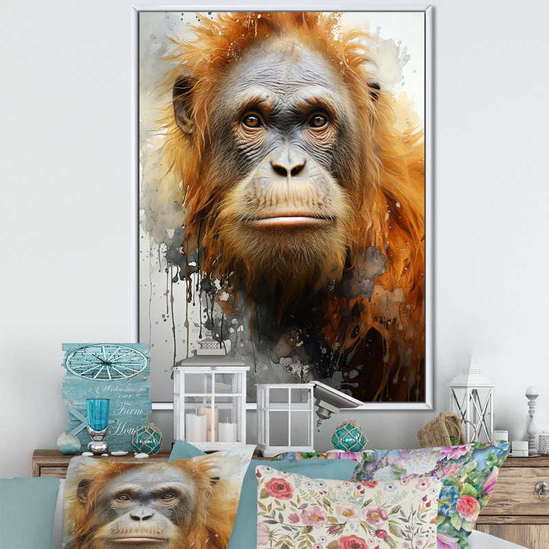 Orang-outan brun dans la forêt tropicale sur toile, Cadre flottant blanc, H 40 po x l 30 po x P 1,5 po