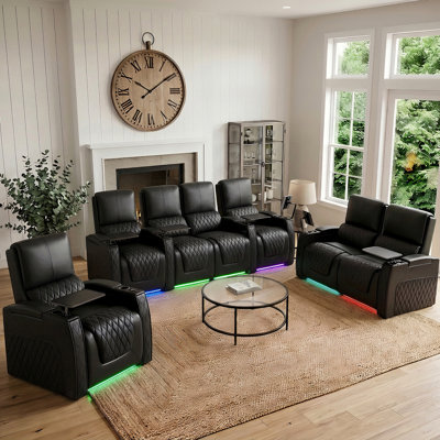 Ensemble de salon inclinable électrique sans gravité en cuir véritable avec soutien lombaire amélioré, appuie-tête réglables, ports USB et rangement