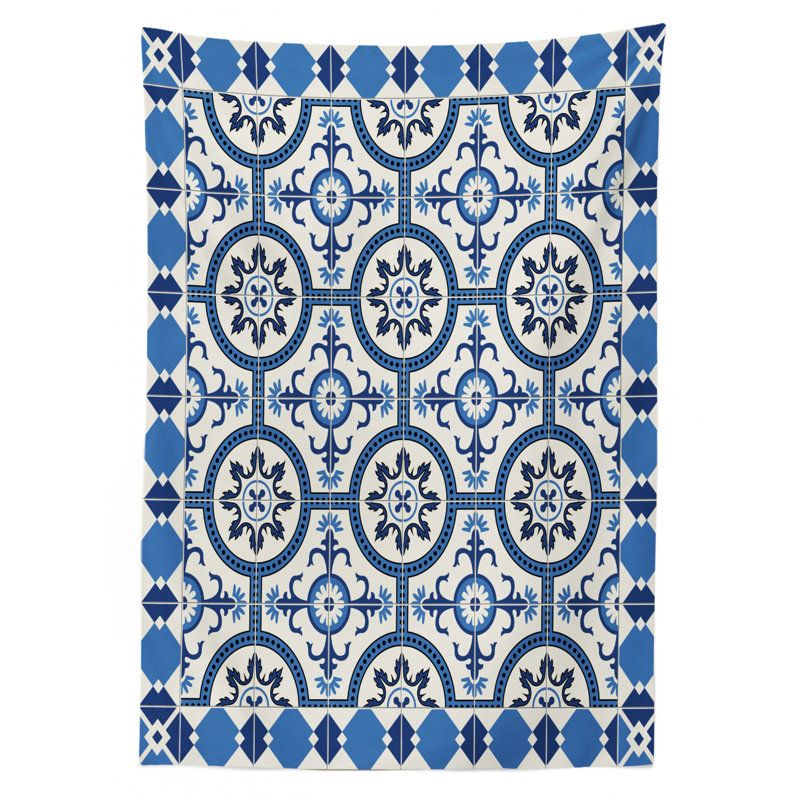 Moroccan Tablecloth, Turkish Portuguese Style Mosaic Ceramic Patterns Country Style Vintage Image, Rectangular Table Cover For Dining Room Kitchen Decor, 52" X 70", Navy Blue White