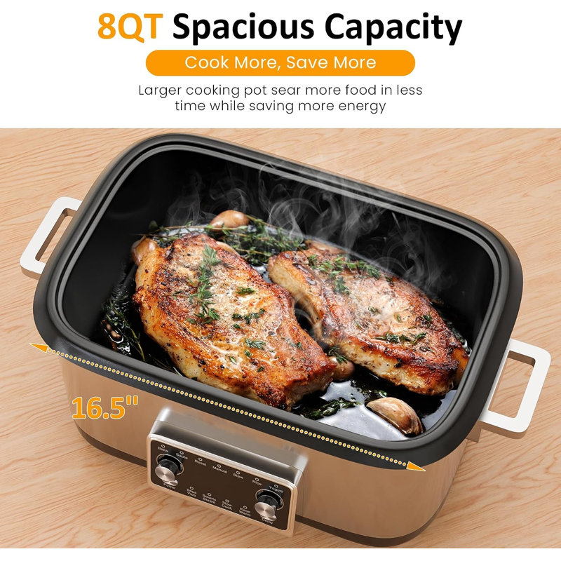 8 QT 12-in-1 Electric Slow Cooker & Multi-Cooker with Nonstick Pot and Glass Lid