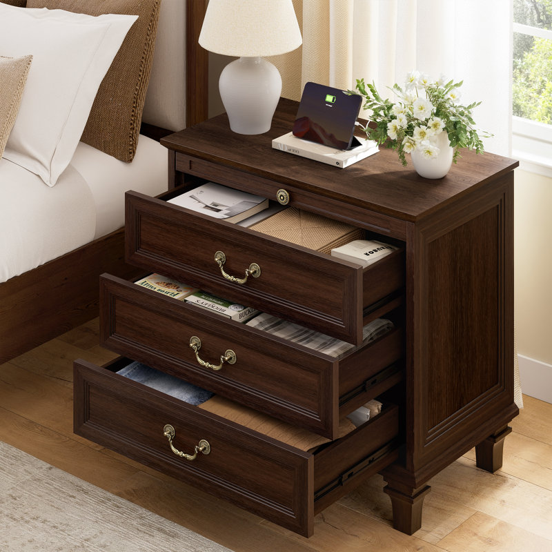27.5" 3-Drawer Nightstand With Hidden Outlets, Pull-Out Shelf & Elegant Solid Wood Legs