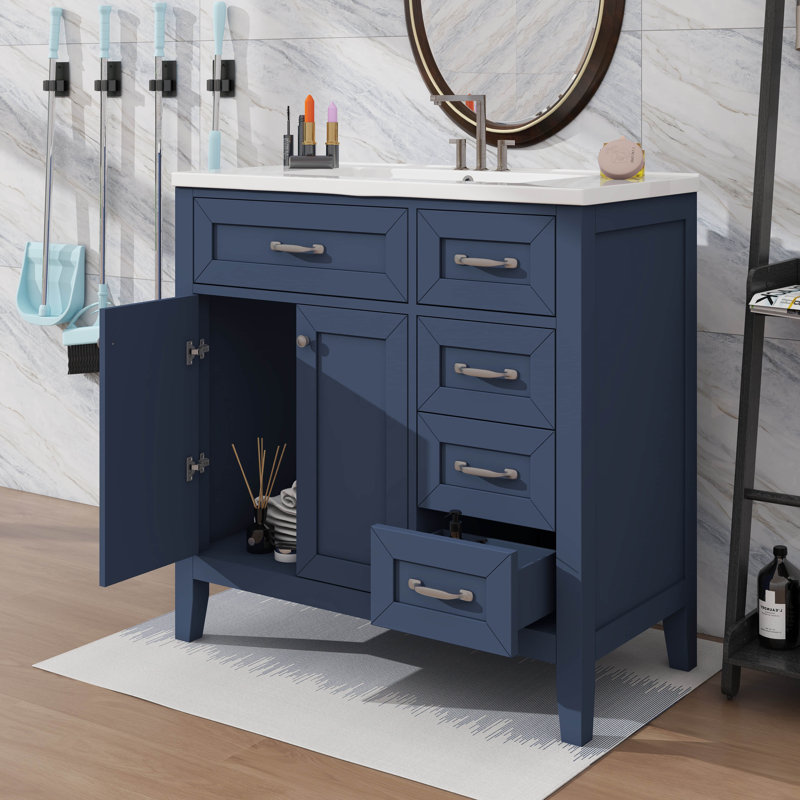 Meuble-lavabo simple 36 po avec tiroirs pratiques, Bleu, Argent argent