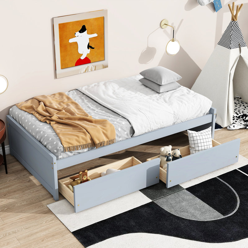 Lit simple gris, bois d'hévéa massif, 2 tiroirs, roulettes de rangement pour accessoires et vêtements, mobilier peu encombrant