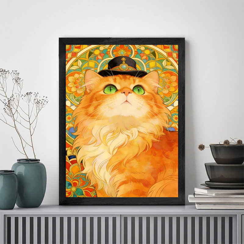 Reproduction d'art encadré noir avec joli chat orange rétro, H 11 po x l 9 po