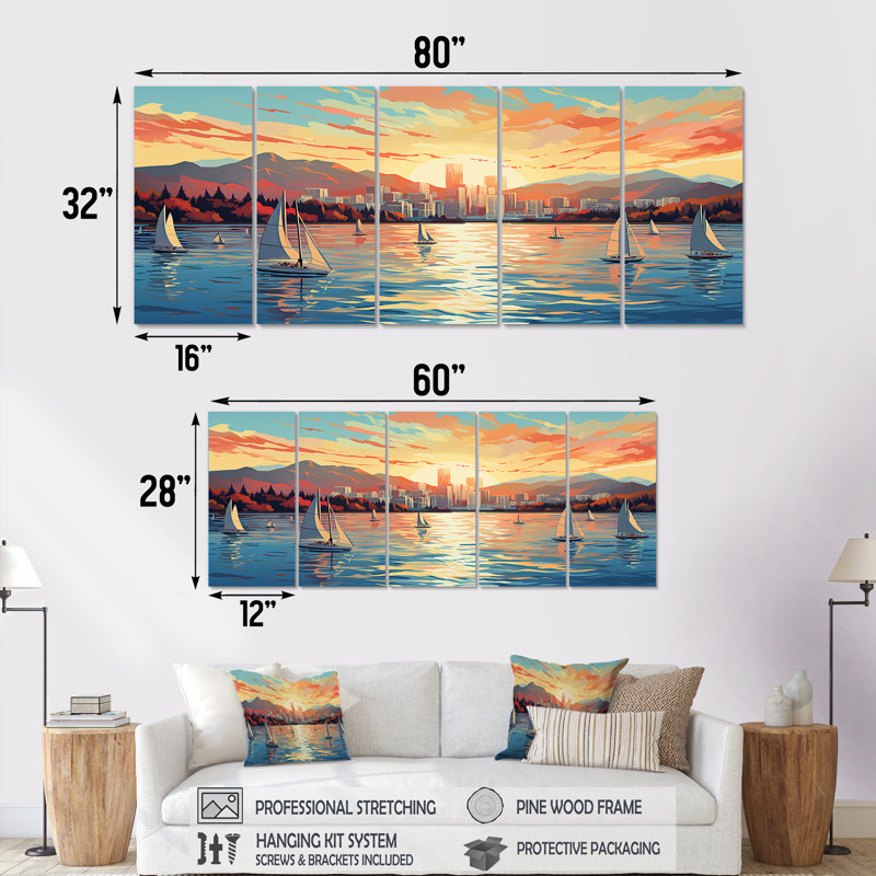 «Vancouver Port Sunset Sail 5 pièces», 5 pièces, H 28 po x l 60 po