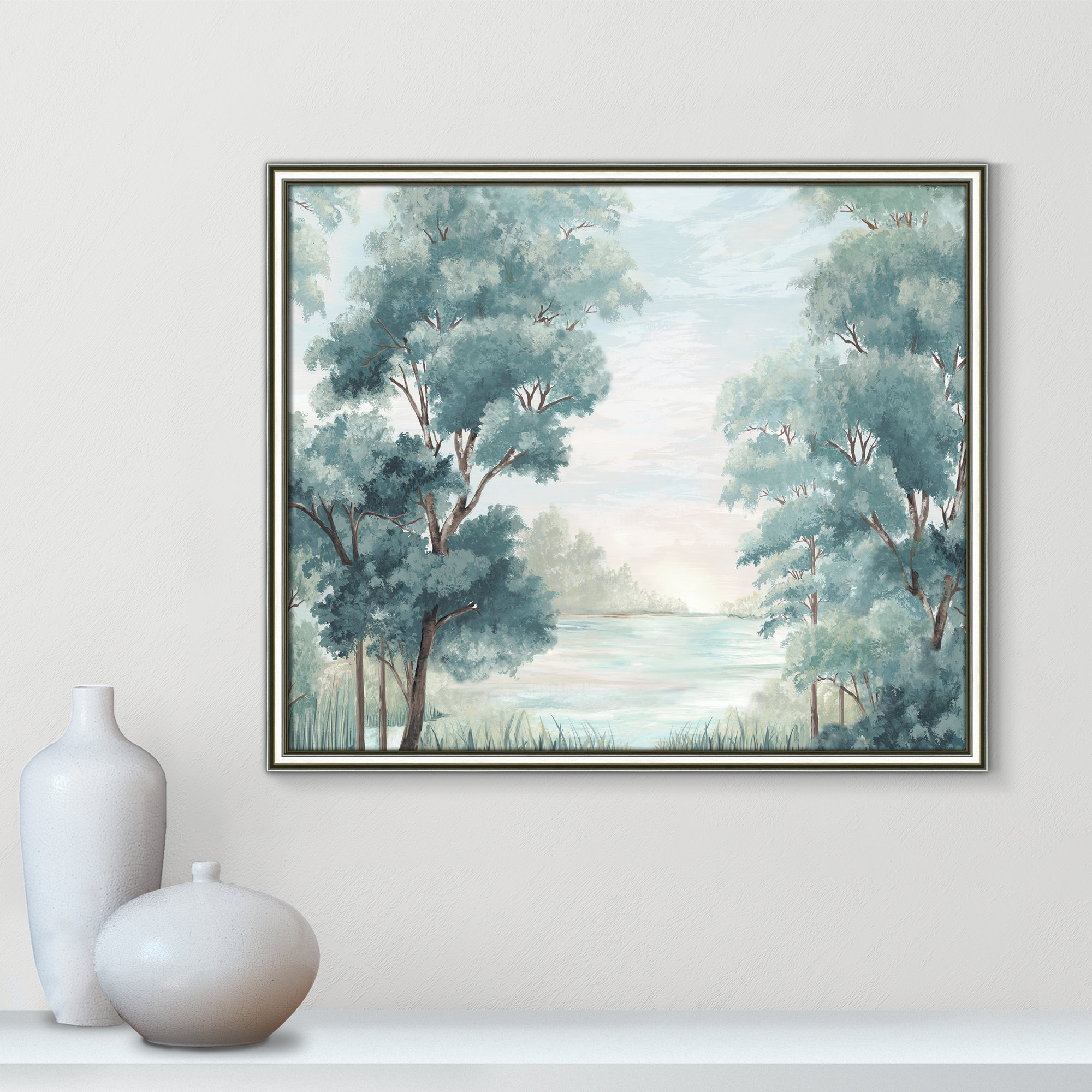 Calm Forest River, 22.75" H x 26.75" W x 0.87" D, Silver Framed