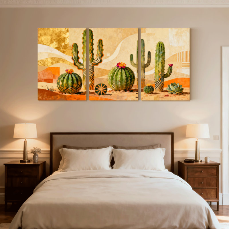 Cactus du désert, motif de cactus avec motifs géométriques, ensemble de 3 impressions sur toile, H 18 po x l 36 po