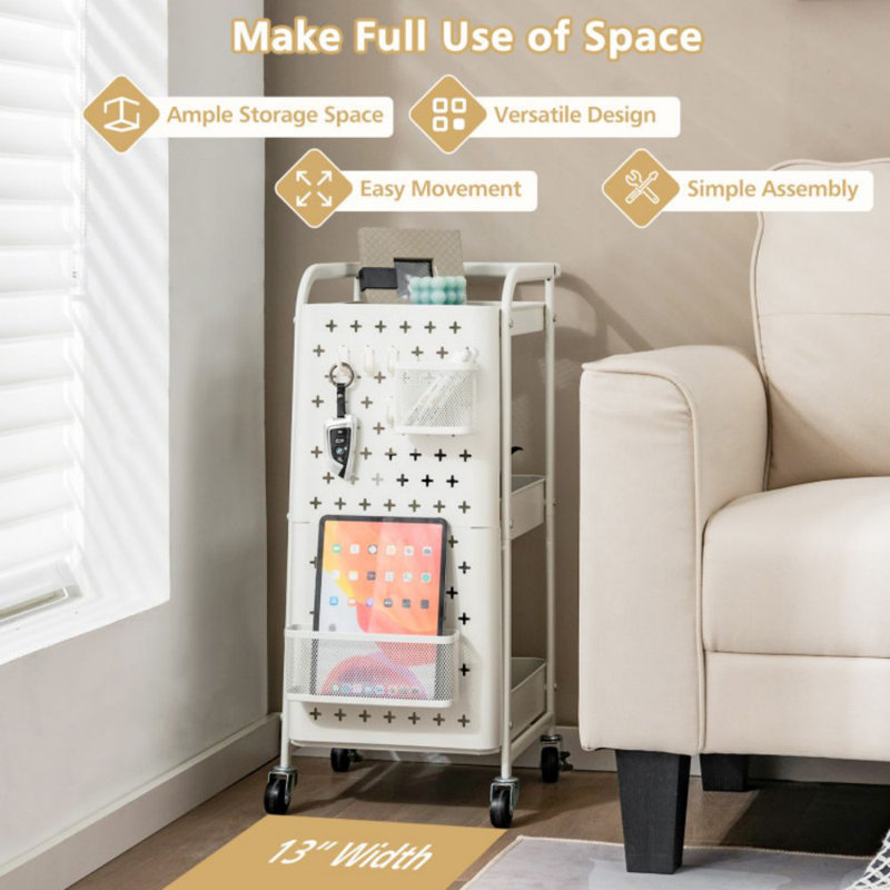 White Powder-Coated Carbon Steel 3-Tier Utility Storage Cart with Pegboard Baskets
