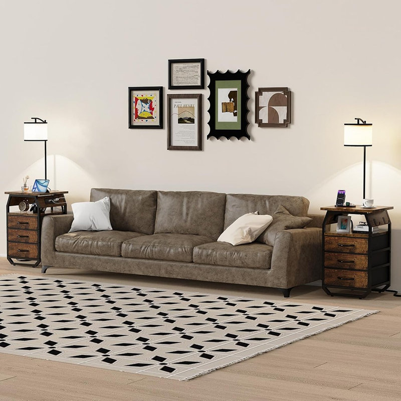 Lot de 2 lampadaires avec tables d'appoint, lampes intégrées et bornes de recharge, brun