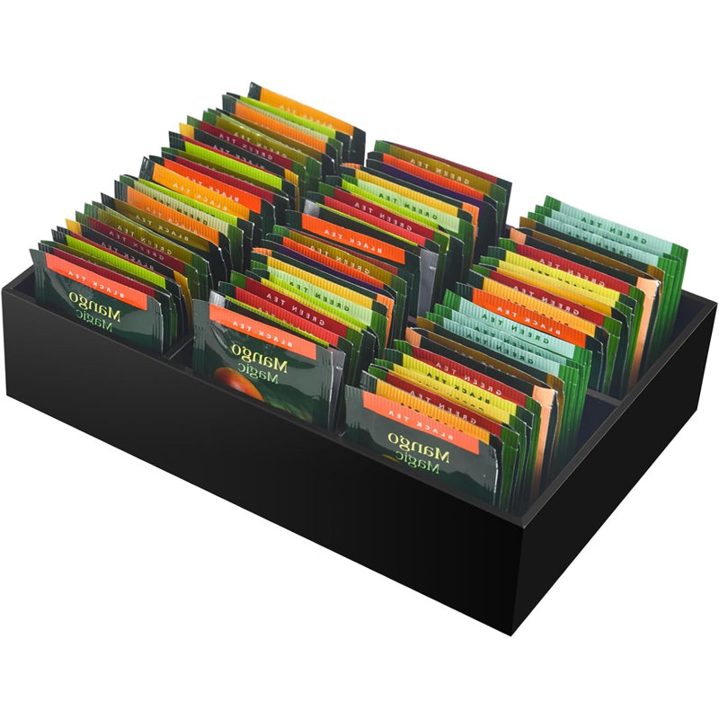 6-Slot Acrylic Tea Bag Organizer with Removable Dividers, Countertop Packet Storage Caddy for Coffee Bar Kitchen Hotel