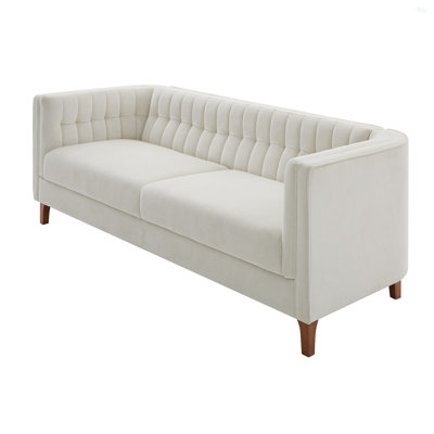 Modern 3-Seater Sofa 76" Upholstered Couch With Curved Armrests, Channel Tufted Back And Wood Legs For Living Room