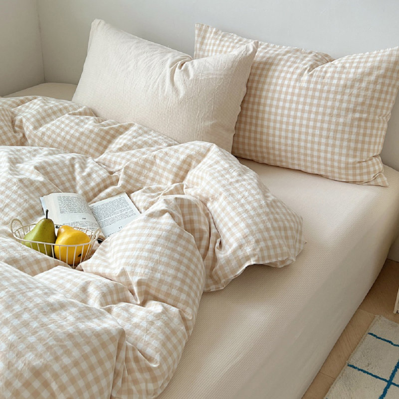 Ensemble de literie à carreaux Nhooroom, Housse de couette pour très grand lit et 2 taies , Beige