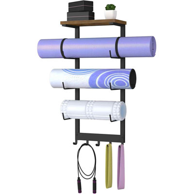 4-Tiers Yoga Mats Storage Wall Rack with Wood Floating Shelf and 5 Hooks