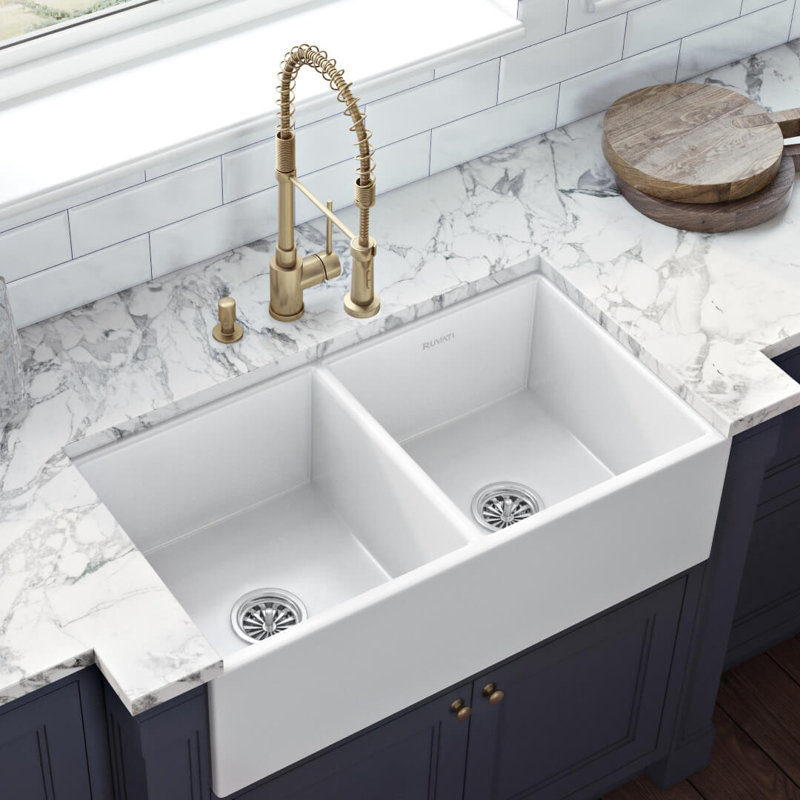 Ruvati 33 x 18 inch Fireclay Farmhouse Apron-Front Kitchen Sink Double Bowl - White