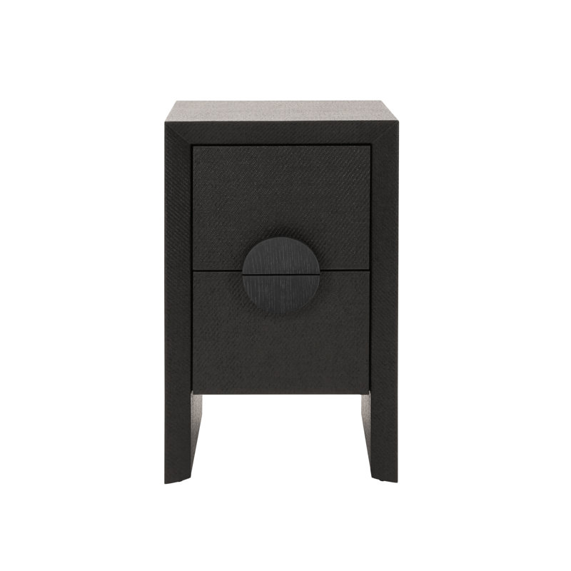 Two Drawer Small Side Table In Natural Grasscloth With Cerused Oak Handles, Black