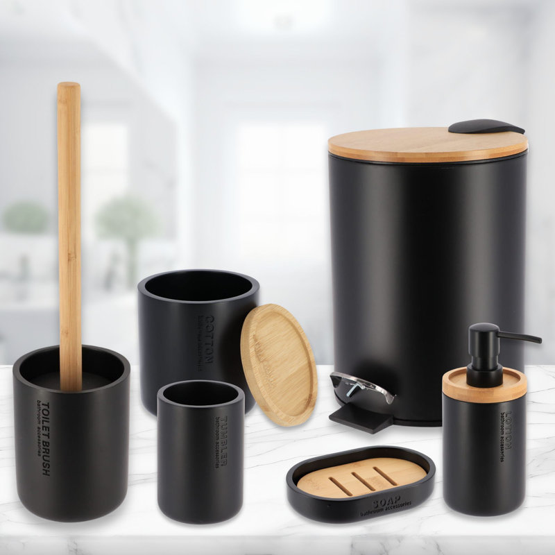 Accessoires de salle de bain avec accents naturels, ensemble moderne 6 pièces, Noir, noir, noir, noir