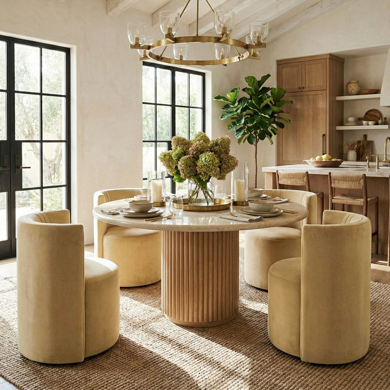 Velvet Upholstered Rolling Dining Chairs with Wheels, Honey Beige