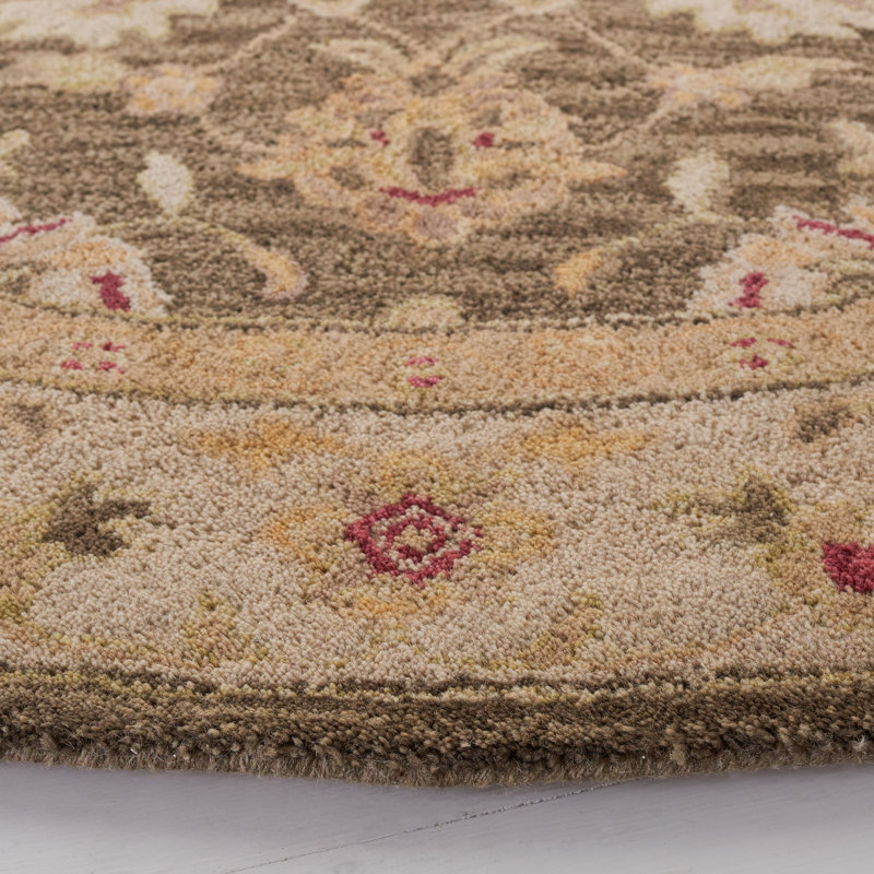 Tapis oriental gris olive en laine touffeté à la main Armintha, Carré 6 pi