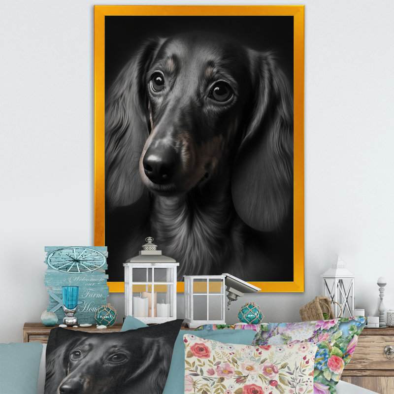 «Moices Portrait Of A Black Dachshund II», reproduction sur toile, Cadre photo doré, H 32 po x l 16 po x P 1 po