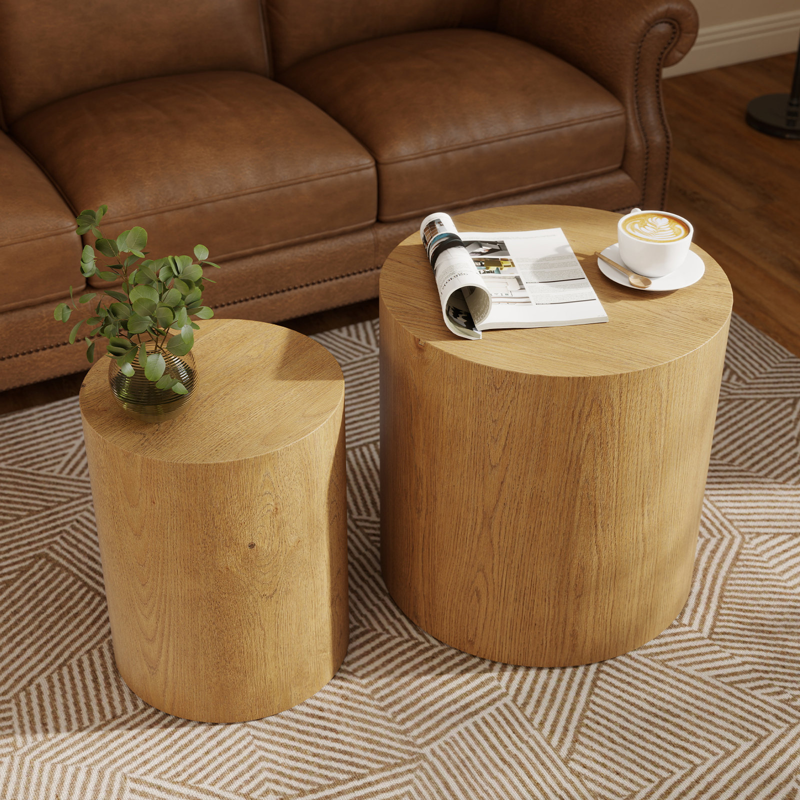 2-Piece Wooden Nesting Table Set, Oak Wood