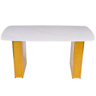 Table de salle à manger rectangulaire moderne en verre trempé, à motif de marbre avec base en métal à double piédestal, idéale pour la salle à manger et le bureau personnel