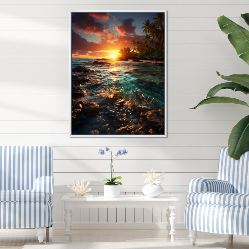 Plage, coucher de soleil, sérénade sur toile, L 12 po x H 20 po, Cadre flottant blanc