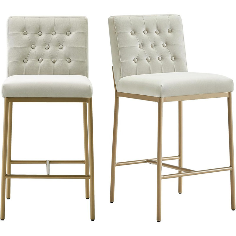 Ensemble de 2 tabourets de bar modernes en velours avec dossier capitonné et pieds en métal, ivoire et or