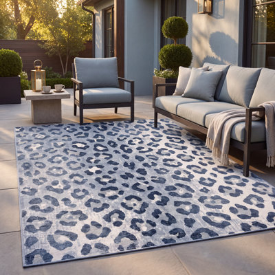 Tapis Lakelight à motifs animaliers, bleu marine, gris, ivoire, antidérapant, à poils courts, pour intérieur et extérieur, adapté aux animaux domestiques, salon, chambre, salle à manger, entrée, couloir, bureau, motif léopard à rosettes, denim, bleu ardoise, cuisine, zones de passage intensif, facile à nettoyer, imprimé et lavable