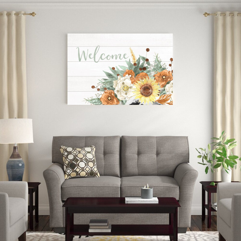 «Welcome Sage Farmhouse Florals», reproduction d'art sur toile tendue, H 32 po x l 48 po