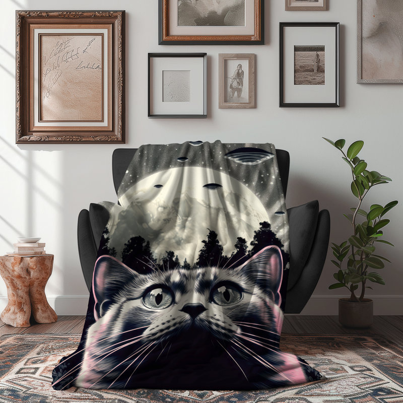 «Feline UFO Encounter» - couverture en sherpa de qualité supérieure - reproduction d'art luxueuse, Lit simple
