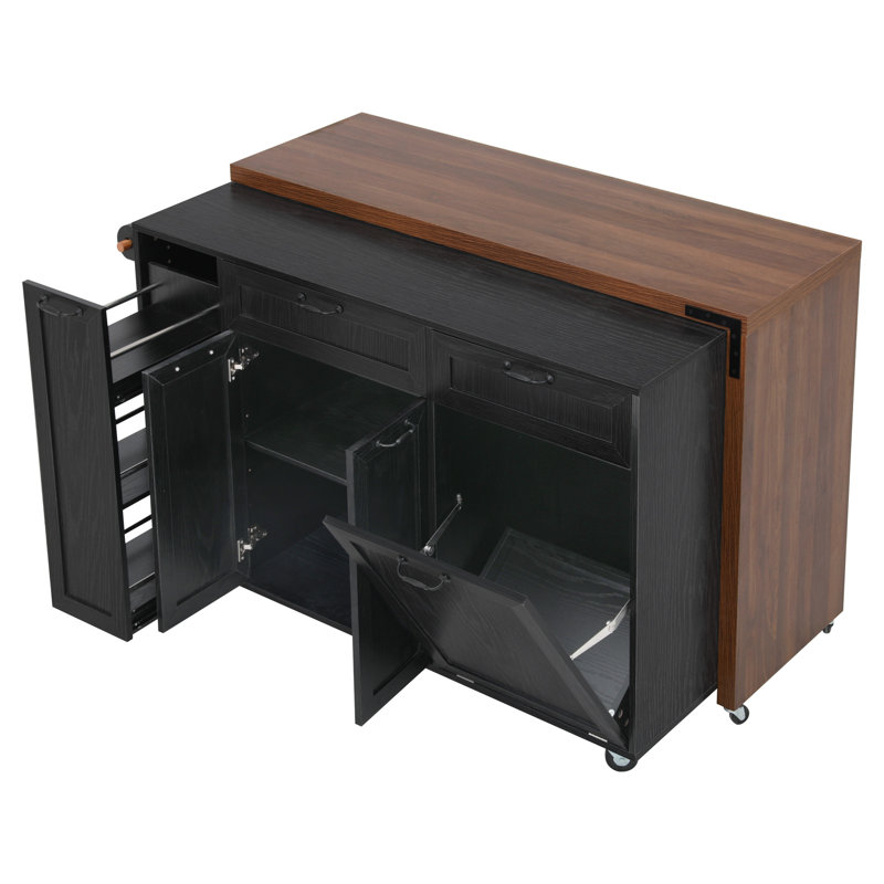 102.3" Kitchen Island With Extendable Dining Table, Kitchen Rolling Island Cart With Trash Storage Cabinet, 3-Tier Pull-Out Spice Rack, Mobile Island Table On Wheels For Kitchen, Dining Room,Black