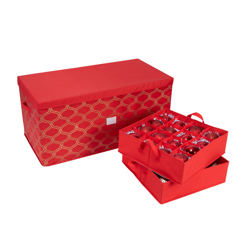 Red and Gold Fabric Collapsible Christmas Ornament Storage Box