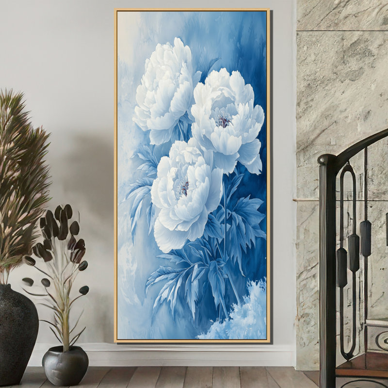 Décoration murale pivoines givrées I - Pivoines, H 60 po x l 28 po, Reproduction avec cadre flottant, Crème, crème