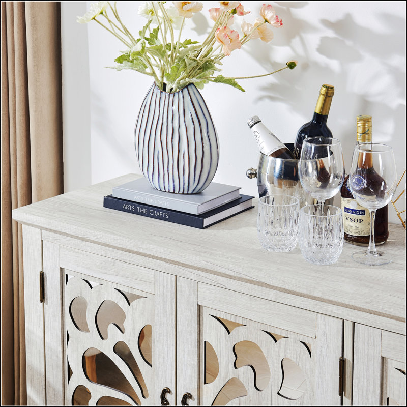 Armoire de rangement autoportante autoportante avec portes sculptées en miroir en acrylique, tablette réglable et comptoir spacieux pour une utilisation polyvalente à la maison